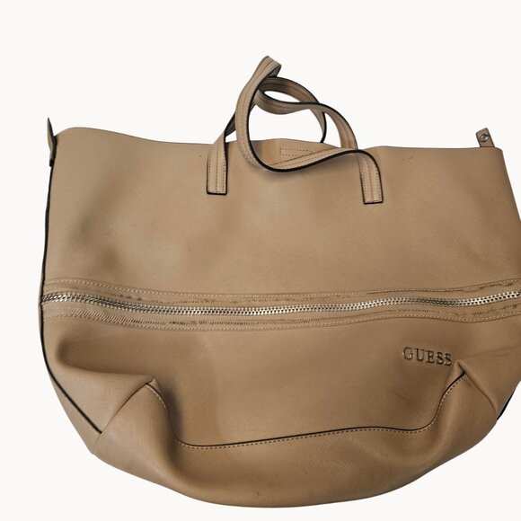 GUESS Beige Brown Green Lined Handbag Hobo Tote Bag Faux Leather Purse XL - Picture 7 of 16